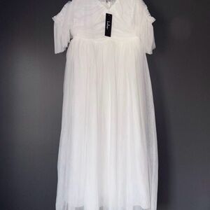Lulu's White Babydoll Midi Dress with Puff Sleeves